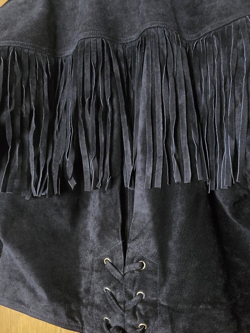 90s Vintage Black Suede Fringe Leather Jacket Western Corset Lace Medium Boho - Picture 11 of 14